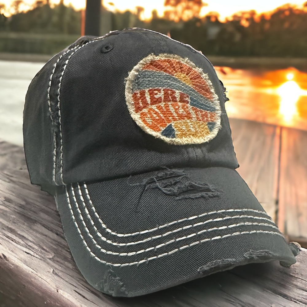 Black Distressed Vintage Washed - Here Comes the Sun - Patch Hat